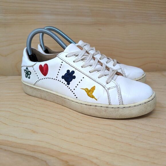 Jack Rogers Kennedy White Leather Embroidered Sneakers Size 8 Turtle & Heart - Picture 1 of 7